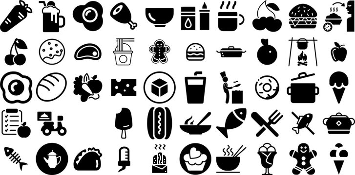 Massive Set Of Food Icons Pack Hand-Drawn Isolated Modern Signs Health, Pointer, Cooked, Certified Elements Isolated On White