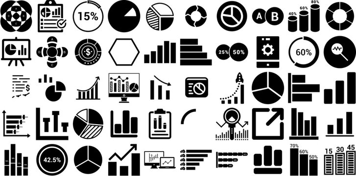 Mega Collection Of Chart Icons Set Black Vector Pictograms Finance, Infographic, Coin, Measurement Symbol Isolated On Transparent Background