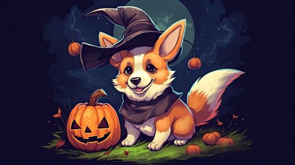 Anime style Welsh corgi in Halloween costume sitting on a broom and wearing a witch hat with pumpkins on his side.