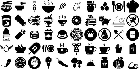 Big Collection Of Food Icons Collection Black Simple Silhouettes Cooked, Pointer, Health, Certified Element Isolated On White Background