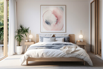 Scandinavian interior design of modern bedroom with big art poster frame. - obrazy, fototapety, plakaty