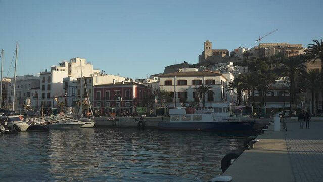 Harbour boats and Cathedral above Dalt Vila old town, Ibiza Town, Ibiza, Balearic Islands, Spain