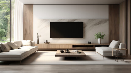 Minimalist style interior design of modern living room with tv. - obrazy, fototapety, plakaty