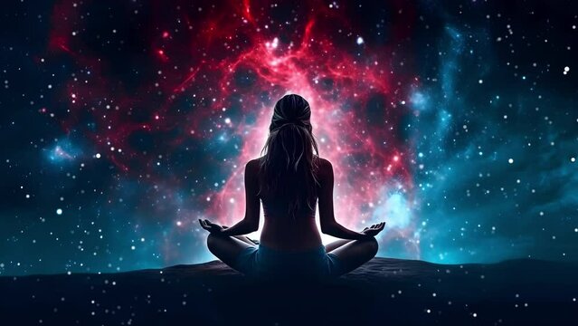 Yoga in the lotus position. Magic universe