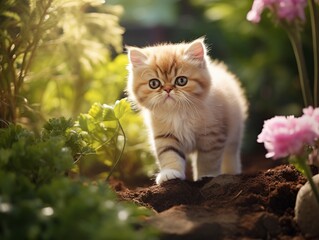 Naklejka na ściany i meble Exotic Shorthair Cat kitten exploring a garden (Generative AI)