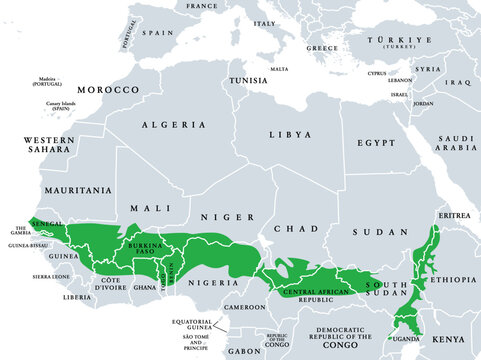 Sudanian savanna, political map. Broad belt of tropical savanna across the African continent, divided into two ecoregions. West (Atlantic to Nigeria) and East Sudanian savanna (Cameroon to Ethiopia).