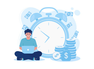 Obraz na płótnie Canvas Freelancer working from home. money falling on successful male trending concept flat illustration