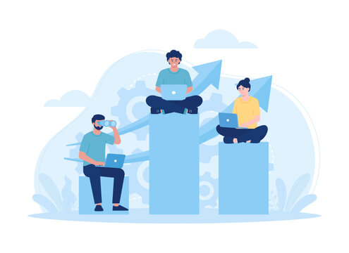 People analyzing business graph sitting on charts trending concept flat illustration