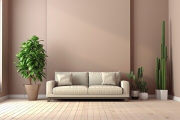 a hypothetical blank canvas in a contemporary living room with a beige sofa, hardwood flooring, a wall panel, and a cactus