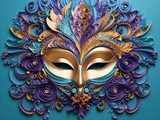 Fototapeta na wymiar A purple and blue mask with feathers on a blue background. Generative AI.