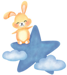 Sweet dreams bunny. A bunny with warm colors sits on the stars and clouds at night.