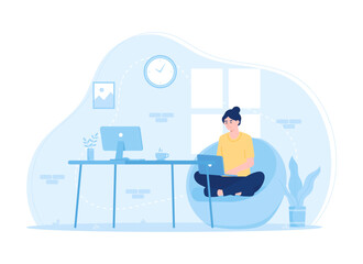 A woman analyzing business data from home, trending concept flat illustration
