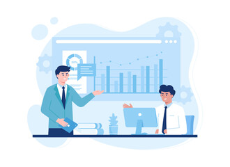 A manager coach explaining statistics to businessmen, trending concept flat illustration