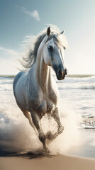 A Coastal Ride with a Beautiful White Horse - Captivating Stock Illustration in High Resolution