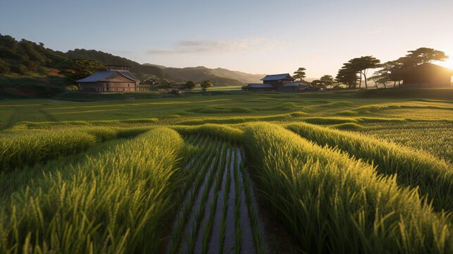 rice wheat field at sunset HD 8K wallpaper Stock Photographic Image