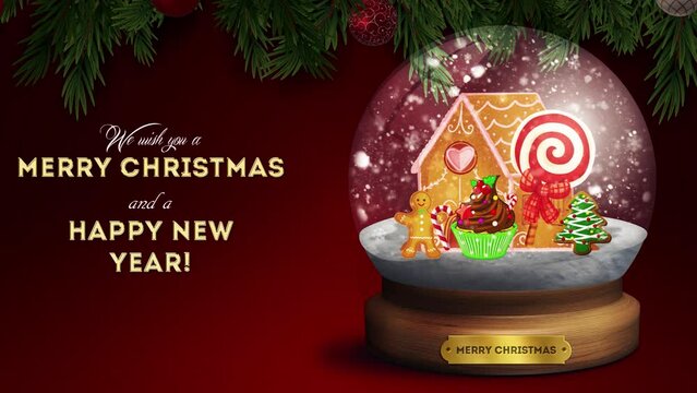 Animated Snow Globe: Christmas Sweets on a Dark Red Background