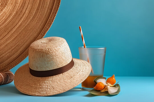 Free photo coconut cocktail decorated plumeria, straw hat and sunglasses on the table photography