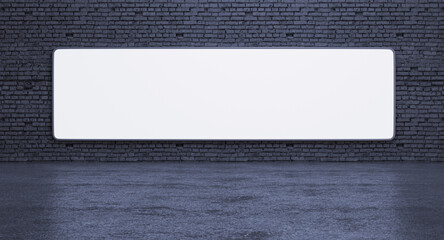Empty wall luminous wide screen LED banner, indoor screen billboard mockup, front view, 3D render