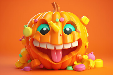 Fototapeta premium Cartoon halloween pumpkin with candies on orange background, trick or treat, Jack-o'-lantern, AI Generative.