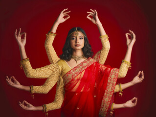 Indian woman, portrait and goddess with many hands in studio background with sari and jewellery....