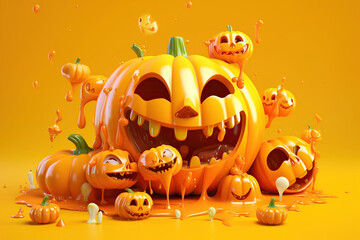 Cartoon halloween pumpkins with candies on orange background, trick or treat, Jack-o'-lantern, AI Generative.