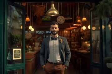 Successful male owner standing at the café entrance. Coffee shop owner. Generative AI