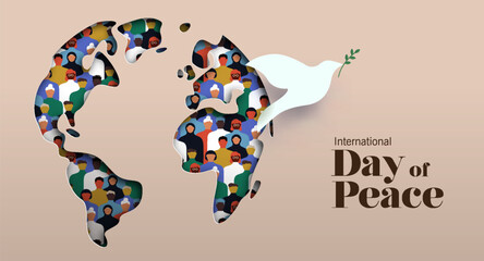 International day of peace world map, diverse people and dove symbol papercut card design