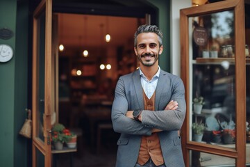 Fototapeta premium Successful male owner standing at the café entrance. Coffee shop owner. Generative AI