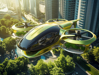 Modern taxi drone in the city of the future. Flying passenger transport. Generative AI