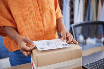 Hands, logistics or woman with box for delivery, shipping or package for ecommerce invoice...