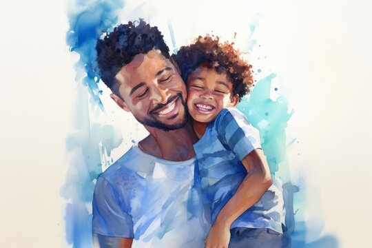 African american father and son hugging against blue watercolor painted background. Ai generated.