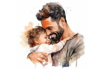 Watercolor of latin father and son hugging against white background. Ai generated.