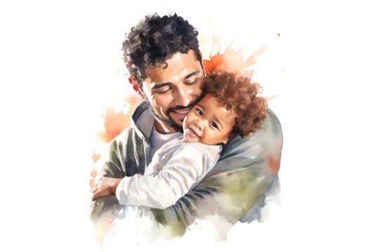 Watercolor of latin father and son hugging against white background. Ai generated.