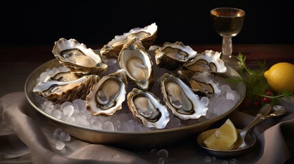 Food photography background - Delicious fresh opened oysters on ice, isolated on table (Generative Ai)