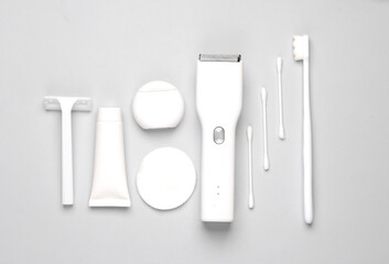 Hygiene products, self care, beauty concept. Clipper, razor, dental floss, toothbrush, cotton buds...