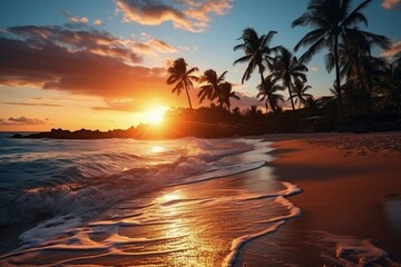 Sandy beach ocean desert island and sunset - obrazy, fototapety, plakaty