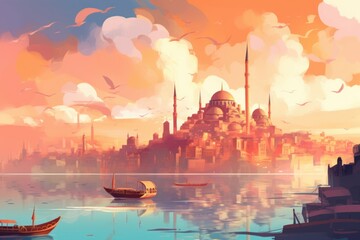 Landscape at the sunset of Istanbul, Turkey - mosque, ships, birds, watercolor style. Generative AI