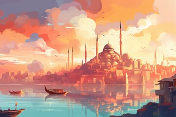 Sunset landscape in Istanbul, Turkey - mosque, ships, birds, watercolor style. Generative AI