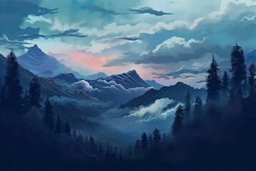 A mountain woodland landscape with clouds in the dusk sky. made using generative AI tools