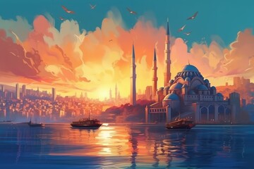 Fototapeta premium Sunset landscape in Istanbul, Turkey - mosque, ships, birds, watercolor style. Generative AI