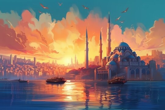 Sunset landscape in Istanbul, Turkey - mosque, ships, birds, watercolor style. Generative AI