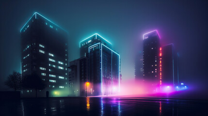 ai generated illustration Colorful night city foggy cityscape with neon lights