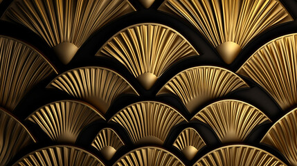 Seamless golden Art Deco palm fan or shell line pattern. Generative Ai