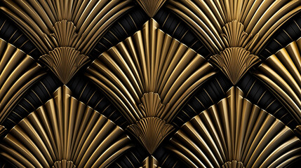 Vintage abstract geometric gold plated high relief sculpture on dark black background. Generative Ai