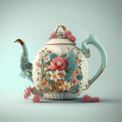 Ceramic teapot with floral pattern and golden elements. Illustration generated by artificial intelligence