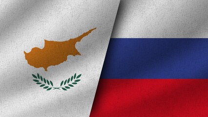 Russia and Cyprus Realistic Two Flags Together, 3D Illustration
