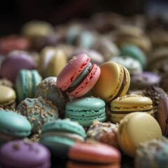 Fototapeta na wymiar Colorful Macarons Close-Up Intricate Photography AI Generated