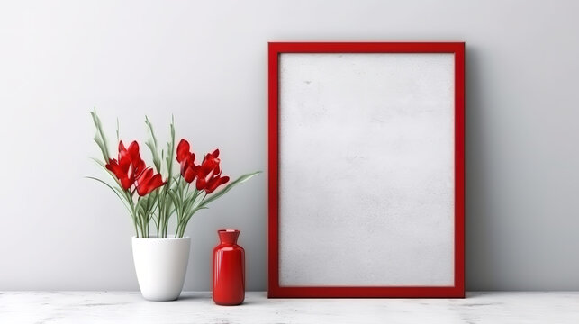 white rough cement wall, red photo frame, marble stone table background. Generative Ai
