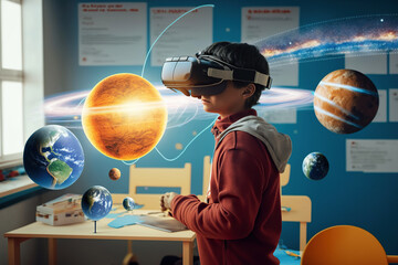 ai generated illustration boy in VR glasses wear hoodie with planets in classroom