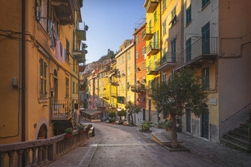 Fototapeta na wymiar Main street in the center of the fishing village of Riomaggiore. Cinque Terre, Italy
